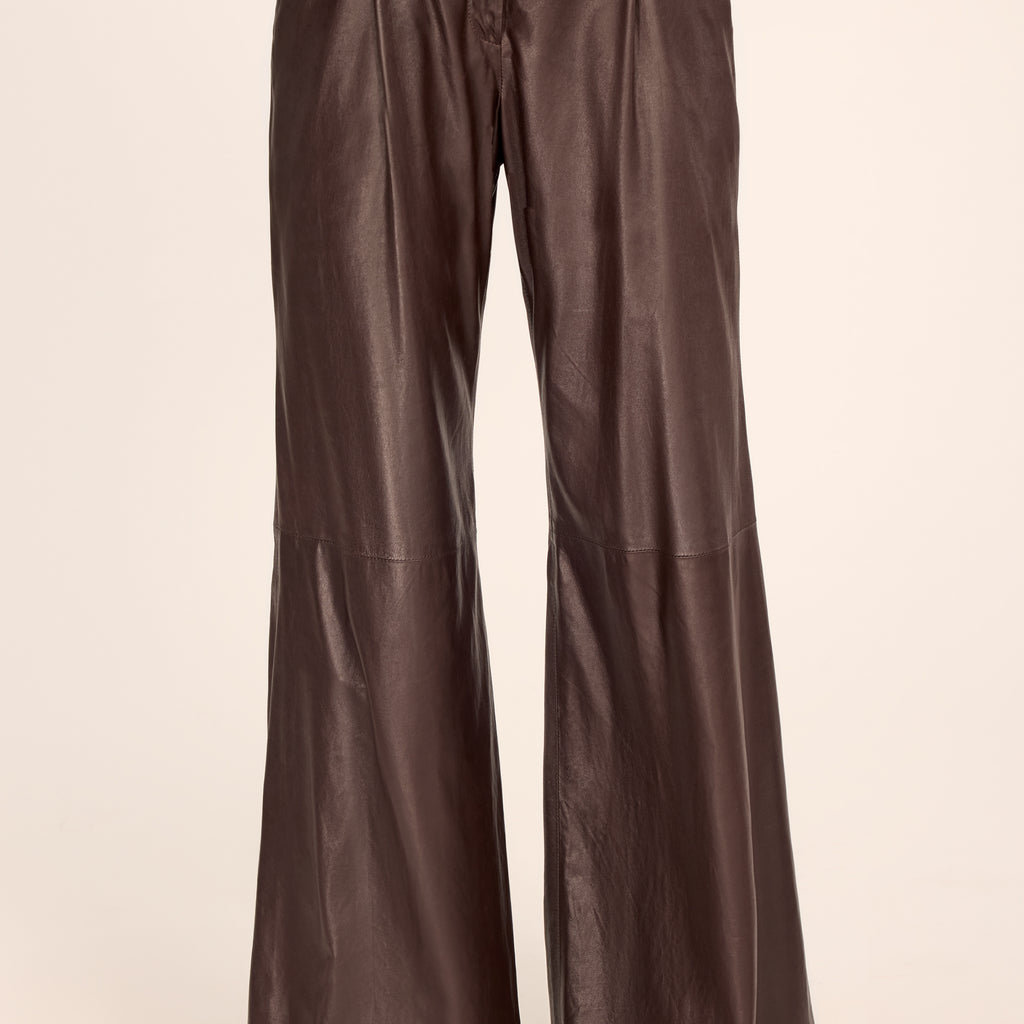 Mid-Rise Leather Pant - Eliza Leather Pleated Pant in Heritage Brown