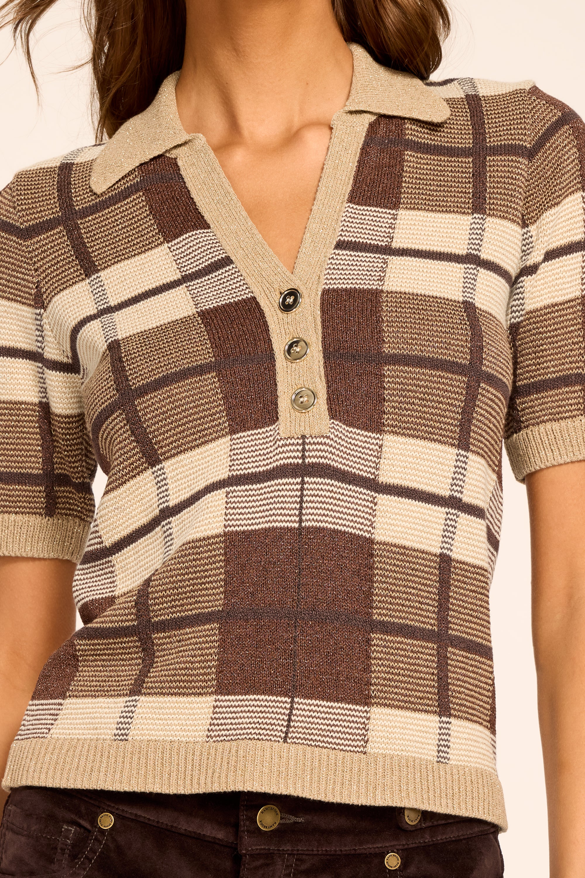 トップス Mame Random Ribbed Plaid Knitted Top 2 Melanie Plaid Short Sleeve Sweater in heritage plaid | Ramy Brook