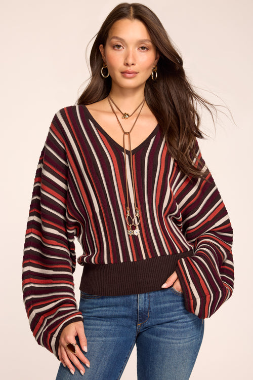 Jane Striped Knit V-Neck Sweater in Luxurious Ribbed Knit view 1