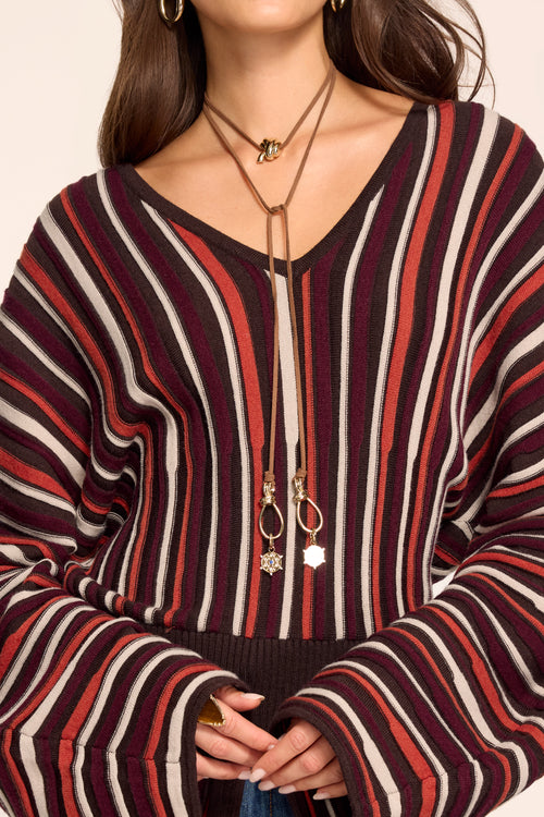 Jane Striped Knit V-Neck Sweater in Luxurious Ribbed Knit view 2