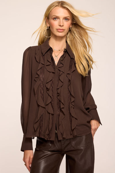 Claire Ruffled Long Sleeve Blouse in heritage brown | Ramy Brook