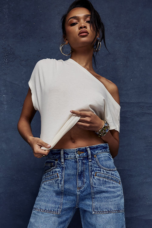 Tyra 5-Pocket Cropped Wide Leg Jean in white | Ramy Brook
