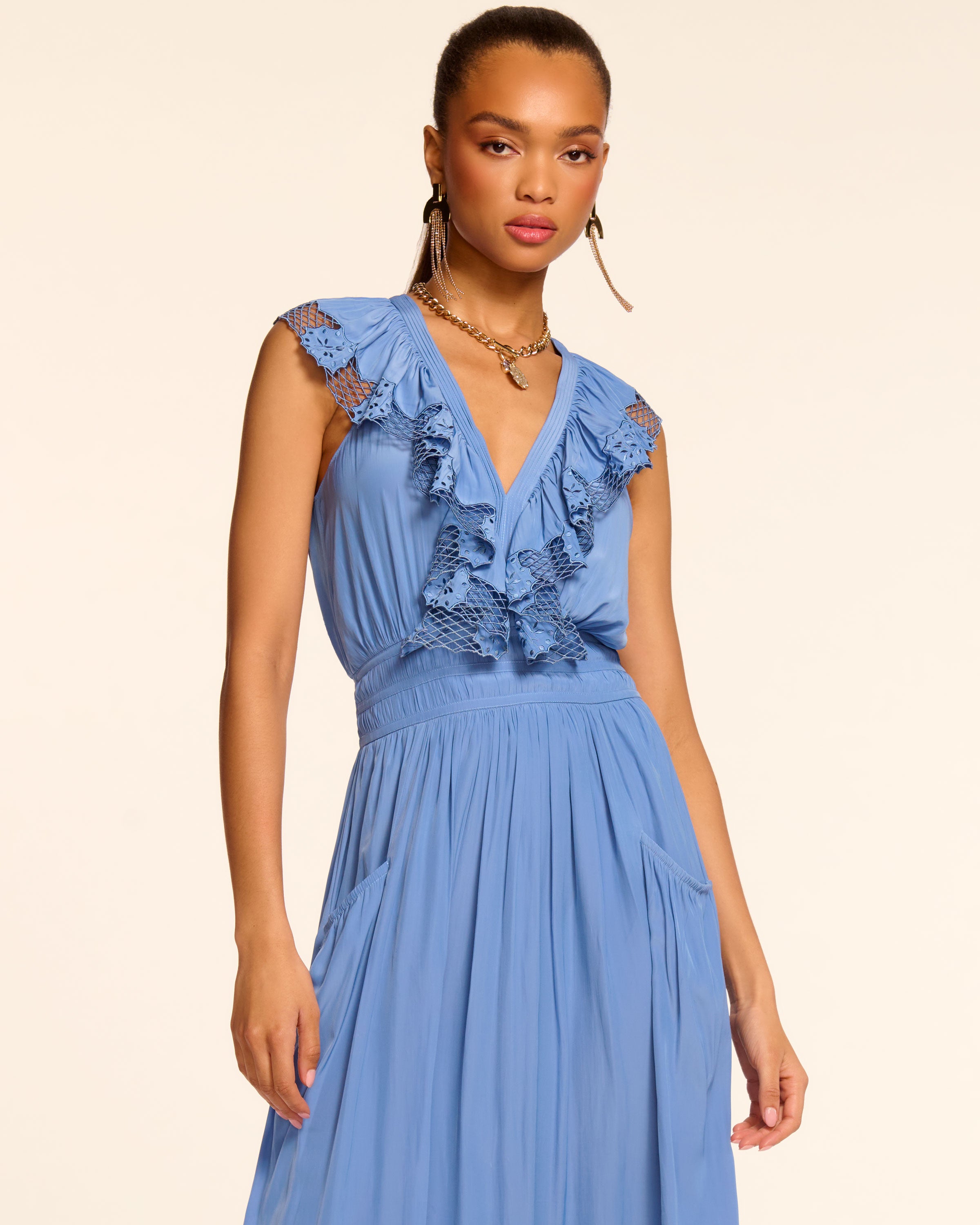 Laila V-Neck Smocked Embroidered Maxi Dress in cornflower blue