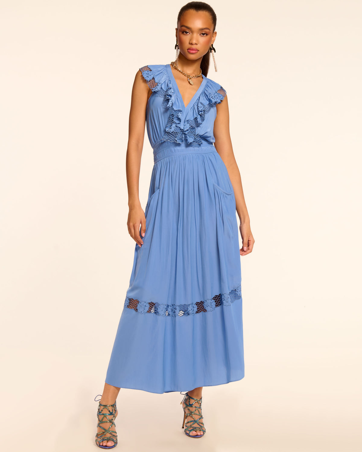 Laila V-Neck Smocked Embroidered Maxi Dress in cornflower blue