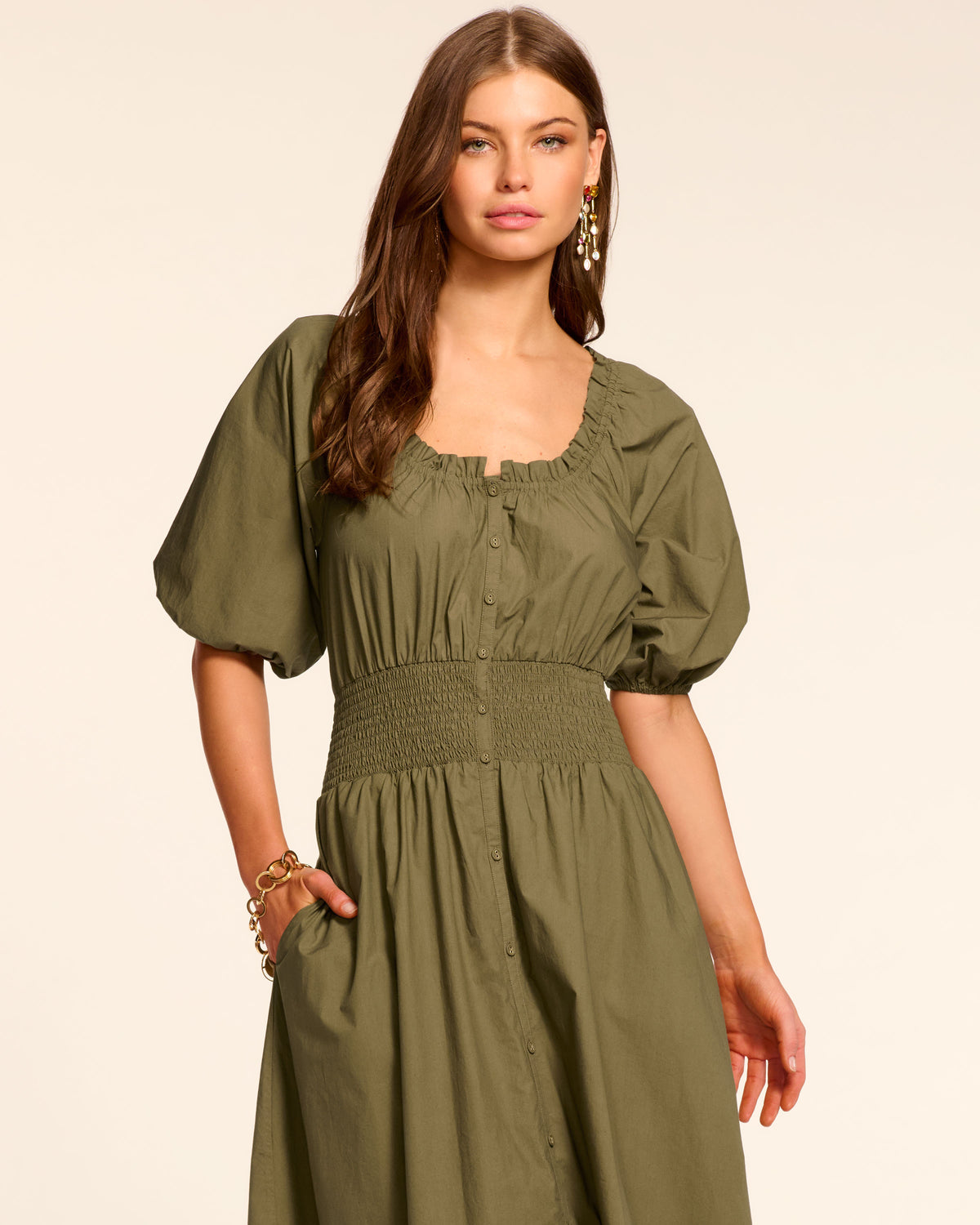 Laura Cotton Poplin Smocked Maxi Dress in olive green | Ramy Brook