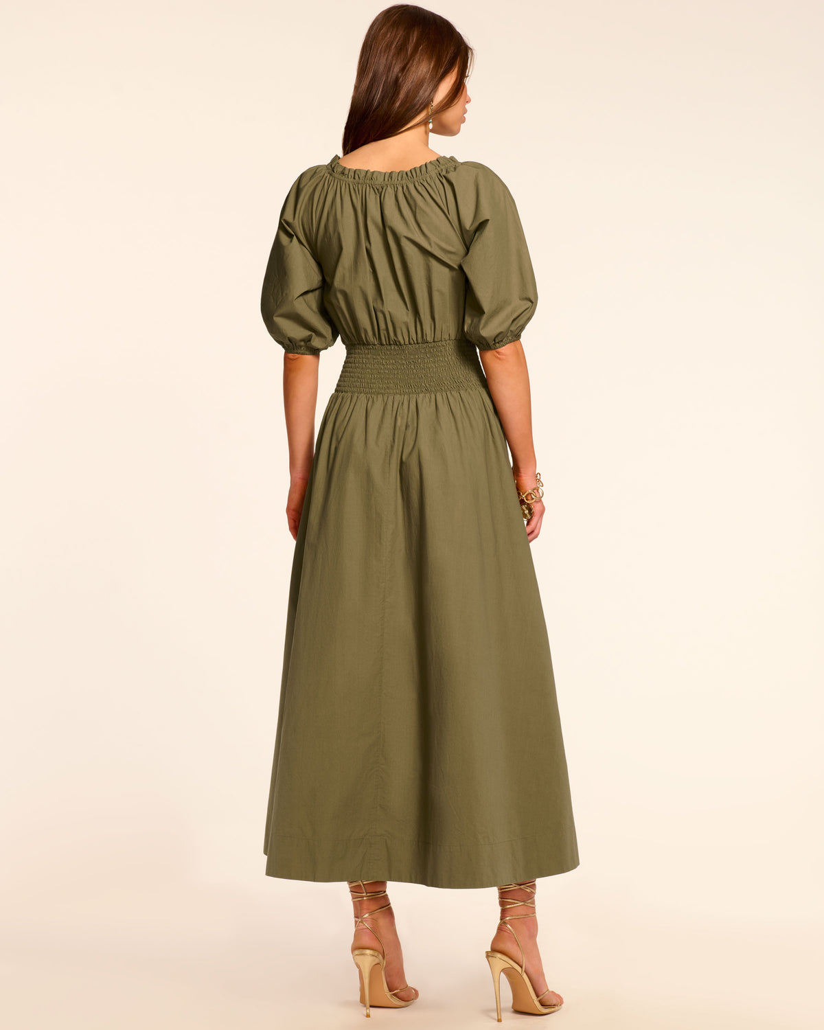 Laura Cotton Poplin Smocked Maxi Dress in olive green | Ramy Brook