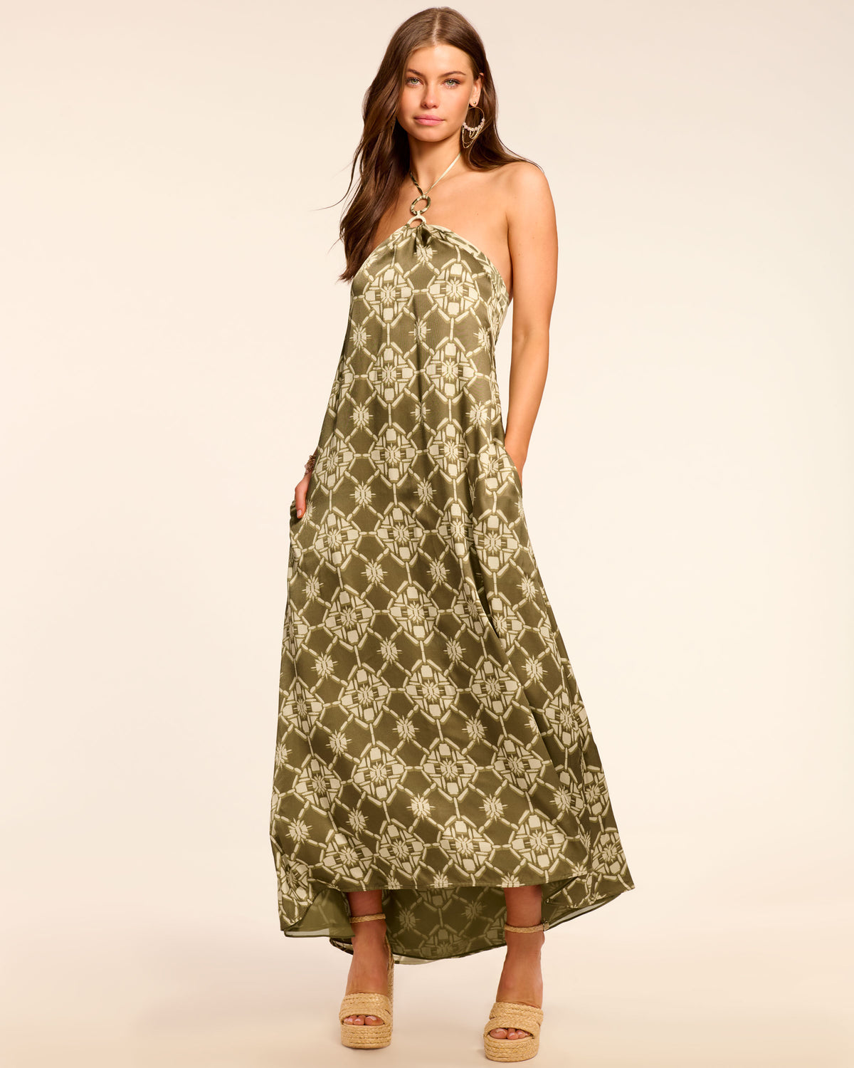 Lidia Backless Halter Maxi Dress in olive tile | Ramy Brook