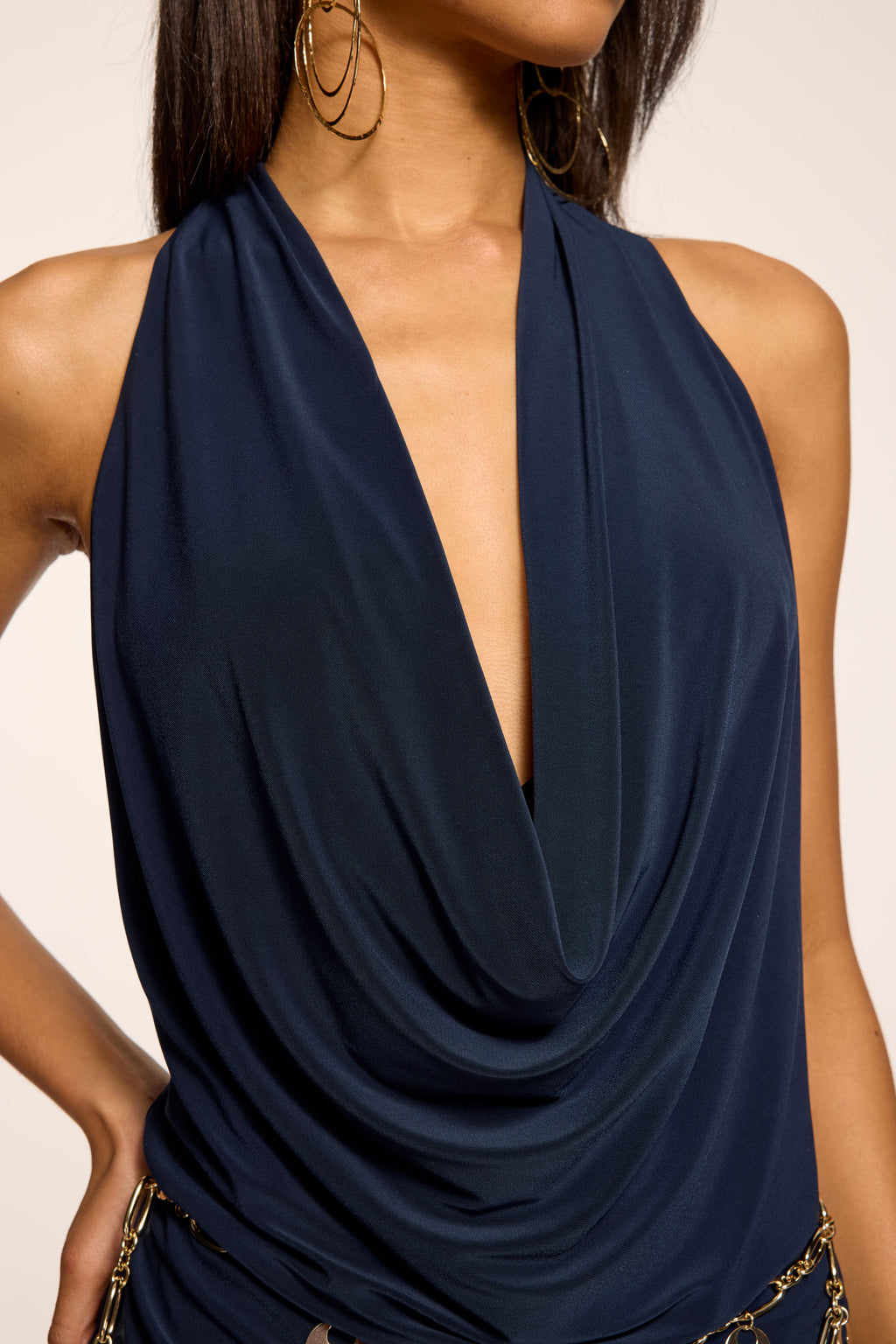 lilac formal dress Nora Jersey Cowl Neck Mini Dress in navy