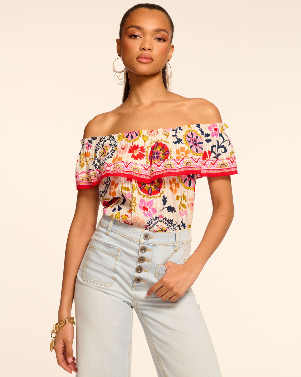 Maia Cotton Off-The-Shoulder Ruffle Blouse in white maya | Ramy Brook