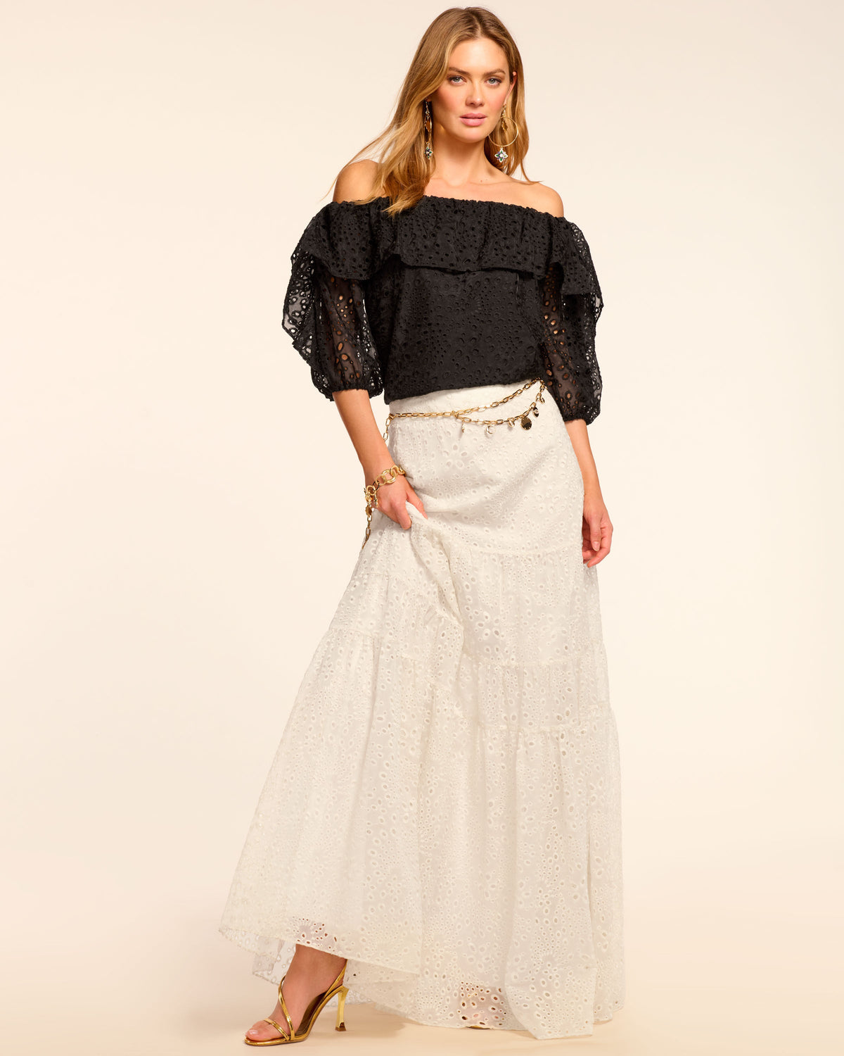 Salma Eyelet Ruffle Off-The-Shoulder Blouse in black eyelet | Ramy