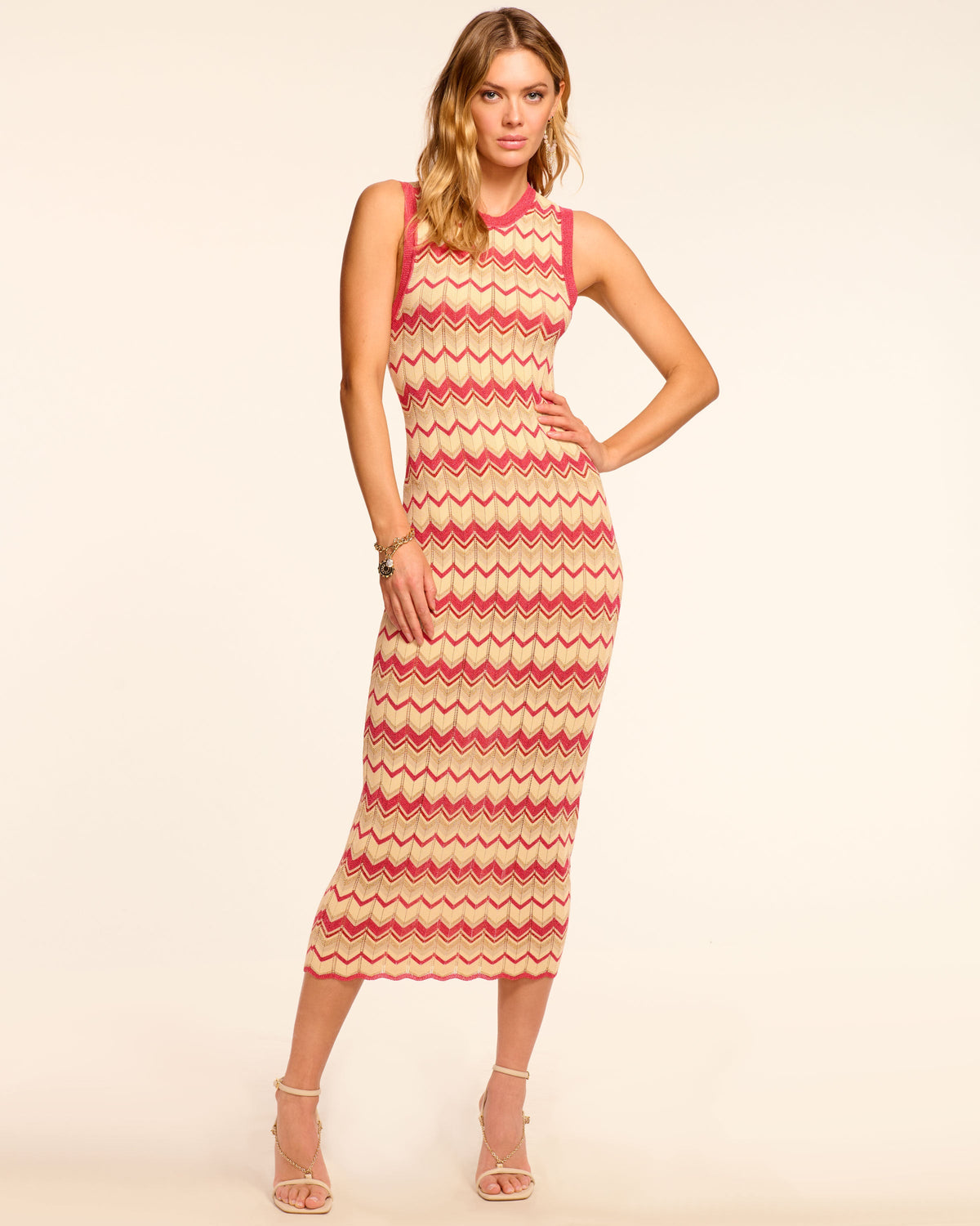 Declan Metallic Knit Midi Dress in pink chevron | Ramy Brook