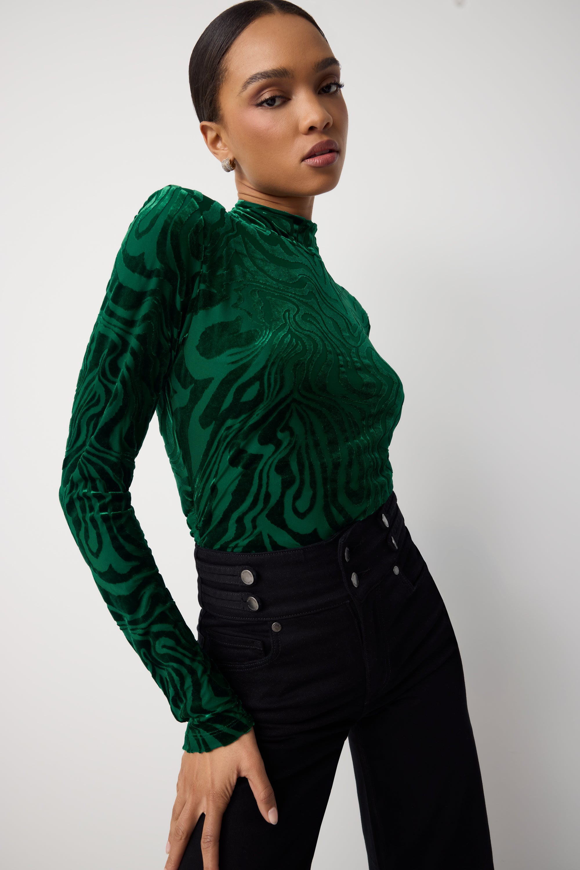 Annabelle Burnout Long Sleeve Top in emerald swirl | Ramy Brook