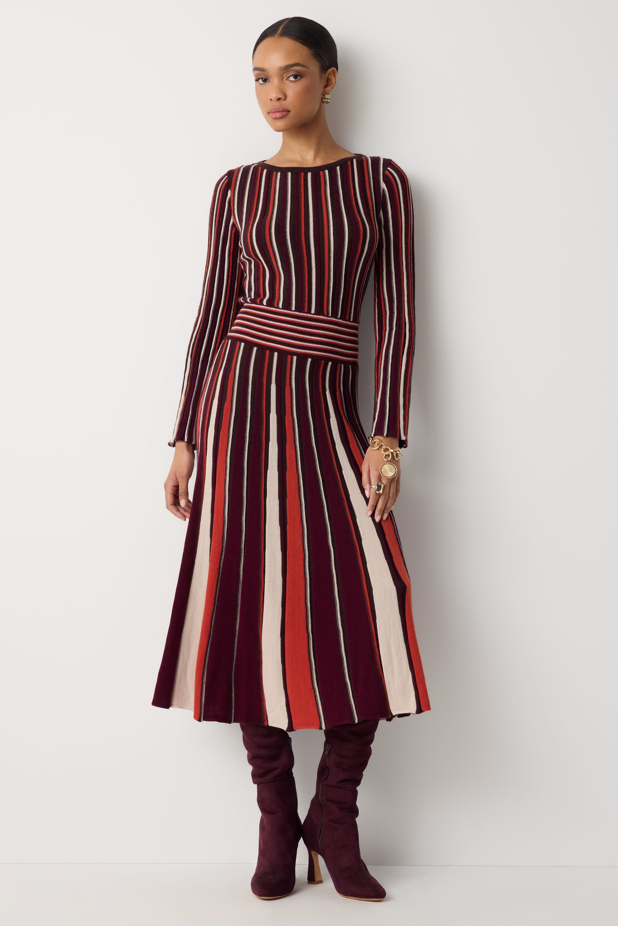 Hope Striped Knit Long Sleeve Midi Dress in cranberry stripe